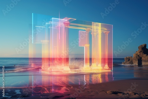 Digital pillars superimposed on a serene beach at sunset, Generated AI.