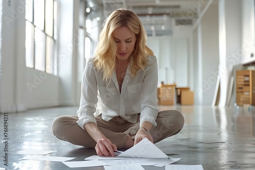 Blonde woman in an office environment accidentally dropping papers. Concept Office Mistake, Clumsy Situation, Blonde Woman, Paperwork Mishap, Office Environment