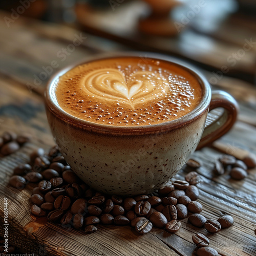 Tasse de café avec crème en forme de coeur posé sur une table en bois naturel