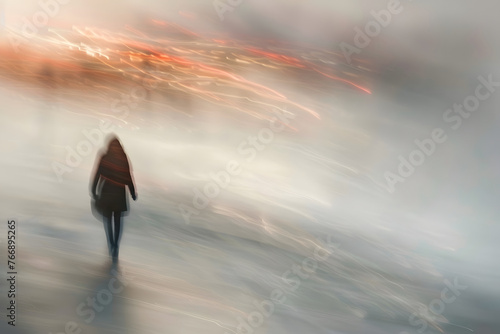 A blurred lonely figure of a woman walking near the ocean. Cinematic blur art photography style illustration. Concept art of loneliness, for a poster, for music album or book cover