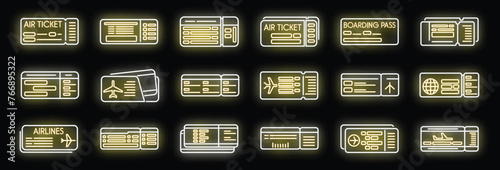 Airline tickets icons set outline vector. Travel trip. Airplane plane neon color on black