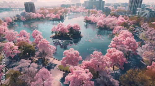 Blossoming Cherry Trees Around Serene Urban Lake at Dawn