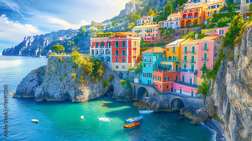 Aerial view of Amalfi Coast, Italy, colorful houses on cliffside overlooking the Mediterranean Sea, travel amalfi coast italy illustration landscape sea. Generative AI illustration 