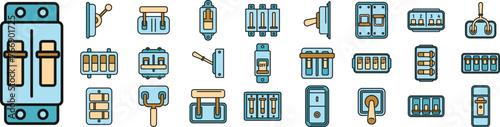 Breaker switch icons set outline vector. Cable chopper. Circuit switch thin line color flat isolated