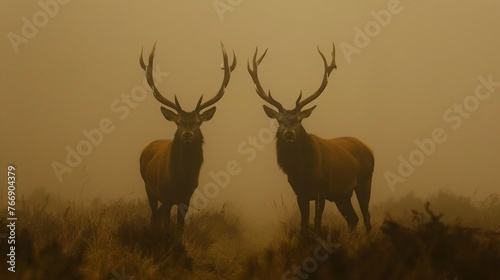 Majestic Red Deer (Cervus elaphus) in the morning fog.