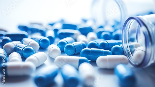 a close up of blue and white pills