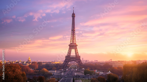 Eiffel Tower at sunrise, Paris, France. Generative AI illustration 