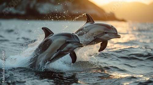 Dolphins leaping and performing acrobatic maneuvers in the ocean. AI generate illustration