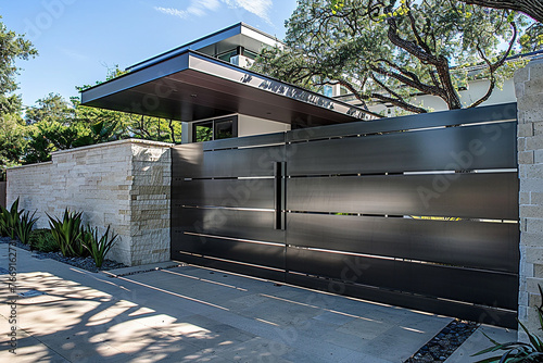 A modern industrial gate crafted from sleek stainless steel and minimalist design.