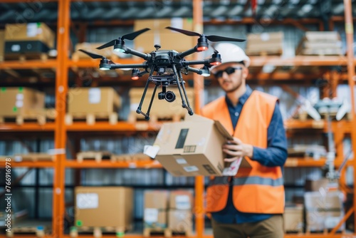 A man standing in a warehouse, holding a box and a remote control helicopter in his hands