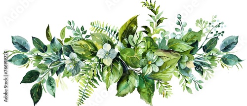 Enchanted Forest Greenery bouquets watercolor clipart, a blend of ivy, hellebores, and forest ferns, isolated on white, edges meticulously preserved for full design integrity