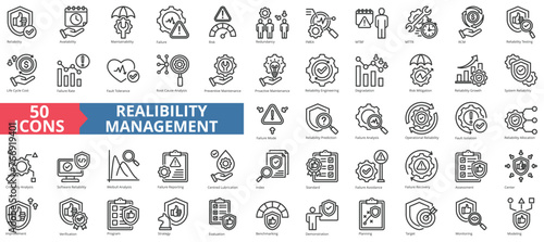 Reliability management icon collection set. Containing availability, maintainability, failure, risk, redundancy, fmea, mtbf icon. Simple line vector.