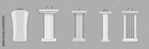 Tribune podium rostrum speech flat stand. Conference stage with microphone, press or debate speaker