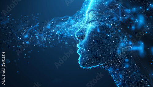 Abstract digital human head in the style of neural network and artificial intelligence concept on blue background, AI technology for futuristic design