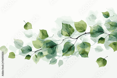 Long seamless banner with hanging leaves on twigs. Watercolor hand painted botany green fresh leaves. Design element header with realistic plants. Vine creeper hanging 