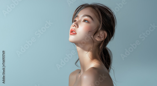 Portrait of a woman with a smiling face, light makeup, cosmetic advertising photography, fashion, beauty pictures, Generative AI