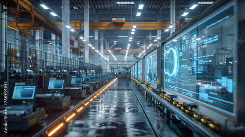 An advanced manufacturing facility featuring a central aisle flanked by high-tech machinery with integrated digital interfaces displaying operational data.
