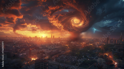Digital art of a catastrophic scene with a massive tornado engulfing a city at sunset, with lightning flashing in the dark ominous clouds, and fires spreading across the urban landscape.