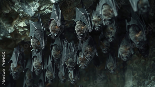 A group of bats hanging upside down from a cave ceiling, resting in their natural habitat.