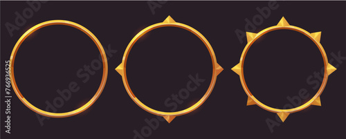 Set Golden round frame game medieval menu, user interface shiny border. Empty border in medieval style, fantasy decoration different shapes isolated on dark background. 