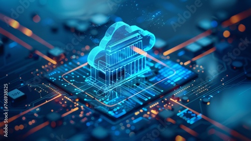 A futuristic 3D animation visualizing cloud computing technology merging with banking architecture, set against a backdrop of a vibrant circuit board. It highlights the concept of digital banking