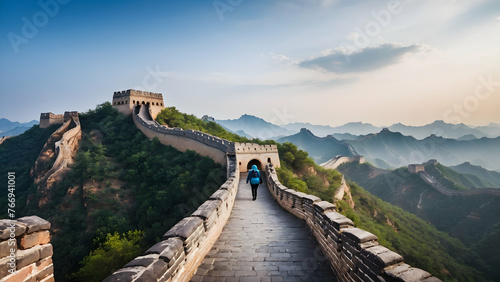 Photo real for Solo traveler at the Great Wall of China in Backpack traveling theme ,Full depth of field, clean bright tone, high quality ,include copy space, No noise, creative idea