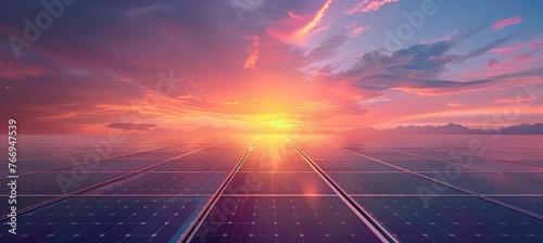 solar panels under sky with clouds at sunset