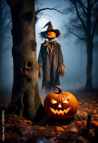 Jack O Lantern. A terrible scarecrow in old clothes and a pumpkin's head, on a foggy park. Concept poster of Halloween.