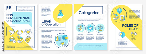 Non governmental organizations blue, yellow brochure template. Leaflet design with linear icons. Editable 4 vector layouts for presentation, annual reports. Arial-Black, Myriad Pro-Regular fonts used