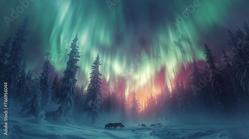 Northern Lights Display Over Snowy Forest and Cabin With Wolves Howling