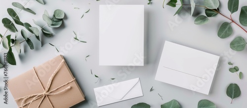 Two mockups of wedding invitation cards sized at 5x7 on a neutral grey background featuring eucalyptus leaves. Additionally, a minimal blank card mockup for a bridal shower, a thank you card,