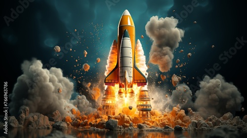 Space rocket takes off into the sky