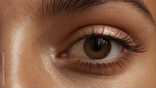 Close up of beautiful woman's brown eyes with eyelash and brow lift. 