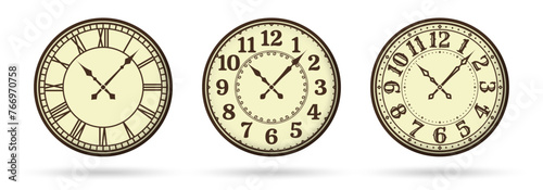 Old clock face set. Vintage watch with retro, roman numeral. Antique clock-face design. Vector illustration.