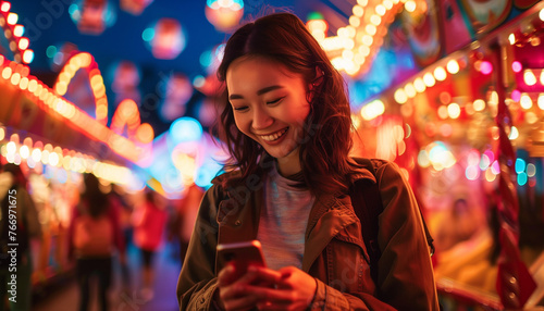 Joyful Asian Woman Using Smartphone at Vibrant Amusement Park