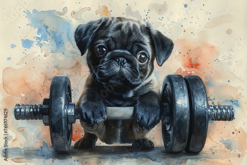 A pug dog as a personal trainer struggling with a heavy dumbbell bar