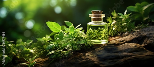Bottle of essential oil with herbs