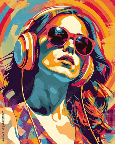 Vibrant Pop Art Portrait of a Pretty Ginger Woman with Headphones and Sunglasses