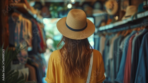 A woman in a yellow top and floppy hat browsing in a clothing store