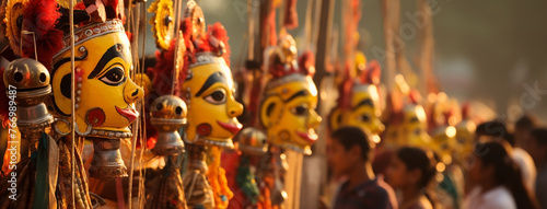 wide background banner of Colorful human face mask dummies hanging on streets in Hindu cultural event Dussehra festival 