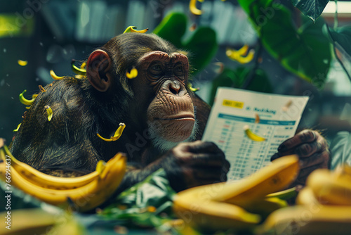 A monkey stockbroker with charts tangled in vines