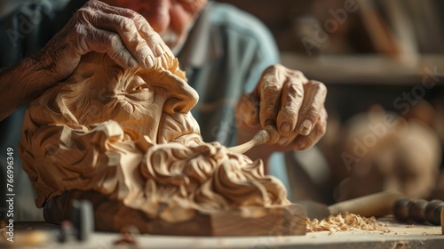 A man carves a wooden statue. 