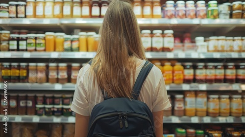 back view of young woman looking at jars with canned food in supermarket, A woman comparing products in a grocery store,