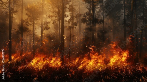 Forest fire in progress. Composite with different 