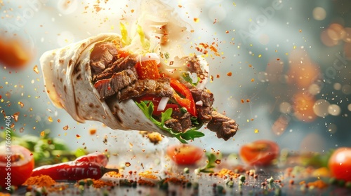 fresh grilled beef or chicken shawarma sandwich with flying ingredients 