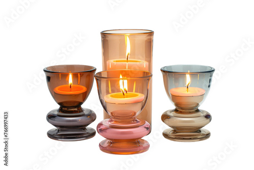 Three Glass Candles Arranged in a Row. On a Clear PNG or White Background.