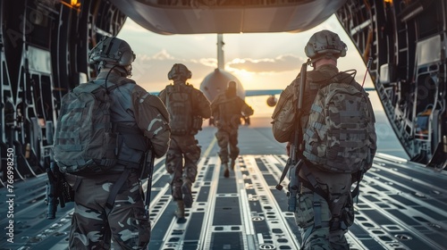 Paratroopers soldiers go to military transport plane 