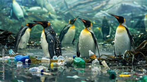 Penguins surrounded by plastic and garbage in their ecosystem 