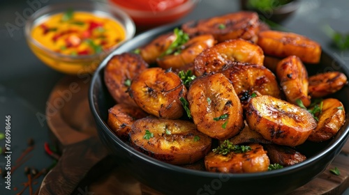 Ripe fried African plantain - local staple food served as meals with sauce or as a side dish in Nigeria, 