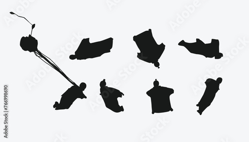 silhouette set of wingsuit flying, sky dive, extreme sport. vector illustration.